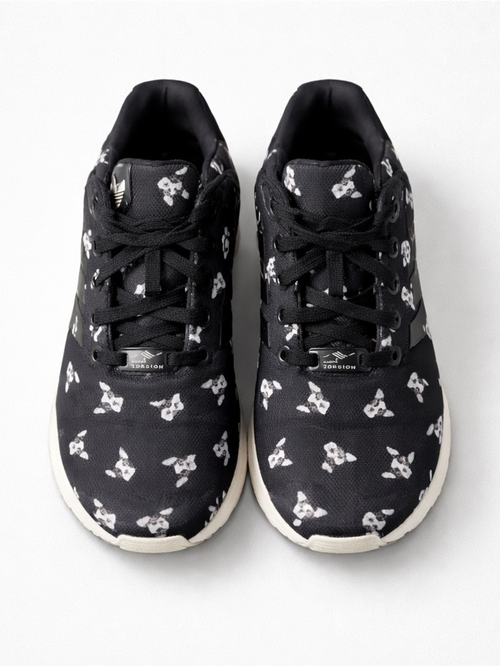 ADIDAS ZX Flux Torsion Low Top Lace Up Athletic Sneakers Black/White Dog Print